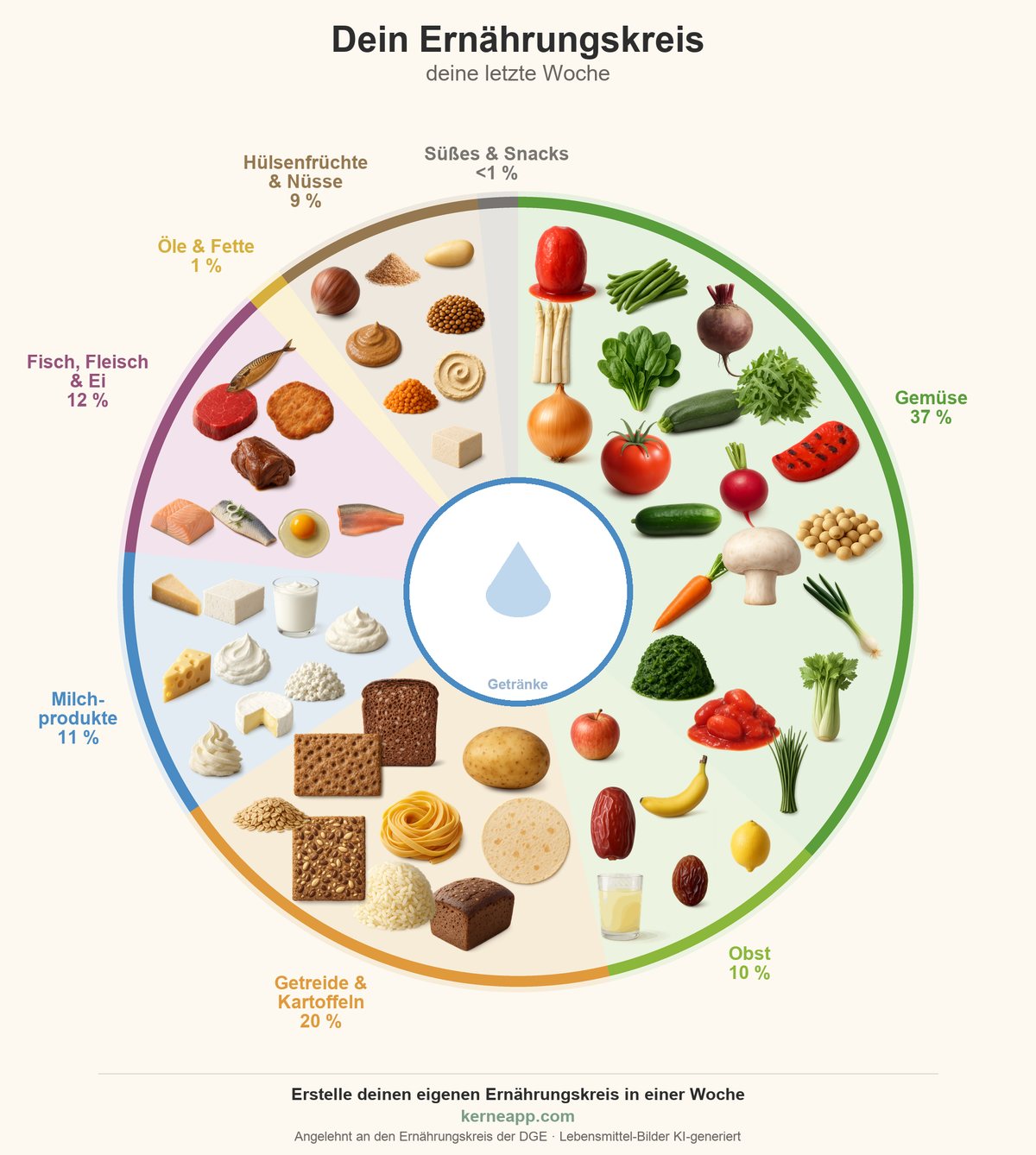 Beispiel eines Ernährungskreises nach einer Woche, aufgeteilt in Gemüse, Obst, Getreide und Kartoffeln, Milchprodukte, Fisch, Fleisch und Ei, Hülsenfrüchte und Nüsse sowie Öle und Fette